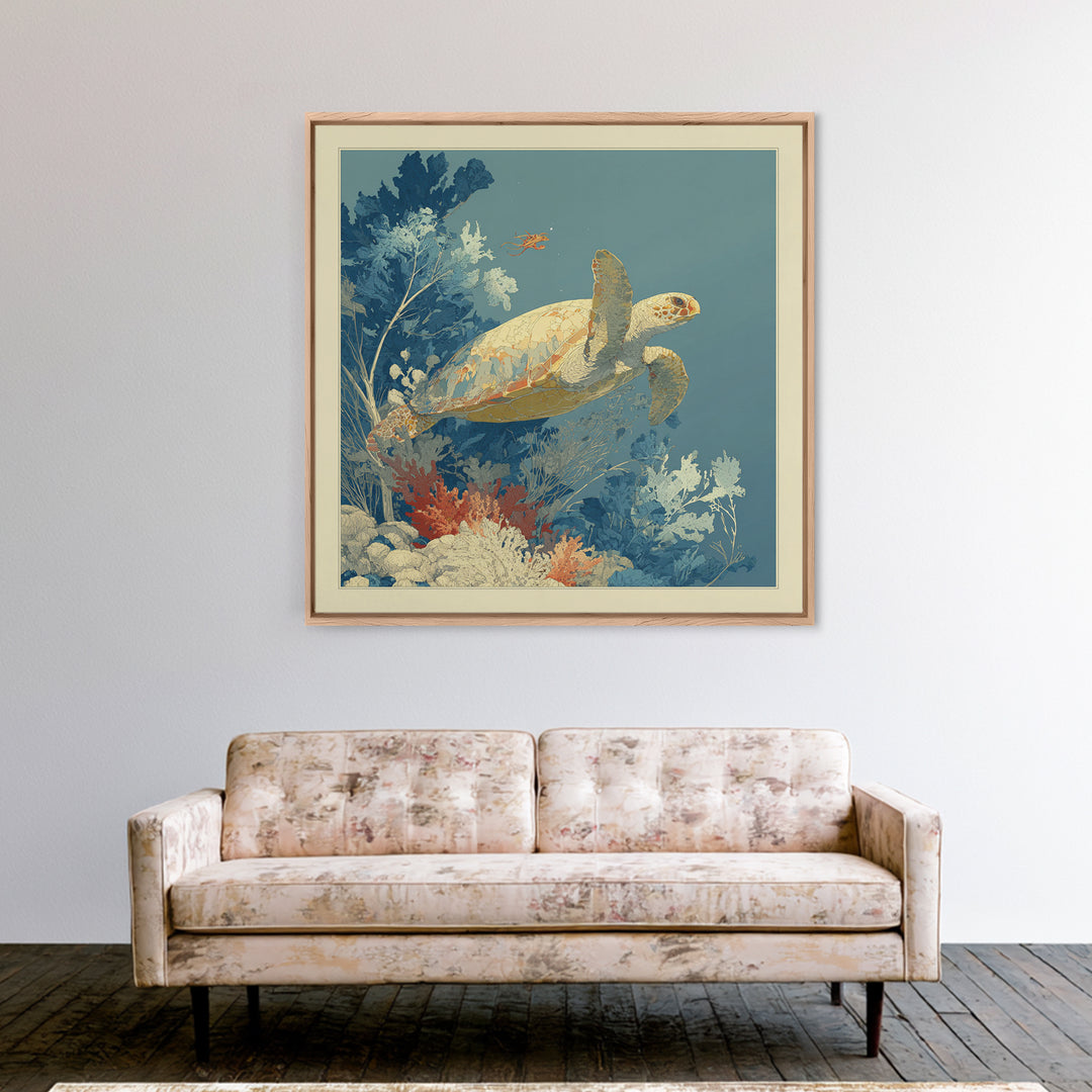 Bioluminescent Plankton Around Swimming Turtle Framed Canvas Print, Marine Life Art, Wall Art, Living Room Decor, Marine, MLA-1x1-48