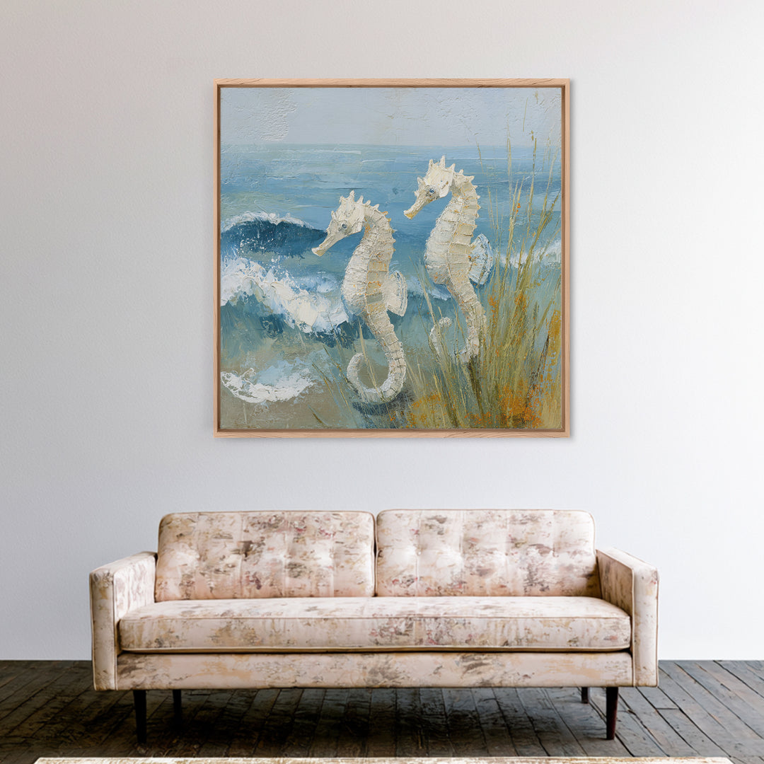 Seahorse Pair Among Sea Grass Framed Canvas Print, Marine Life Art, Nautical Art, Living Room Decor, Fine Art, Marine, MLA-1x1-53