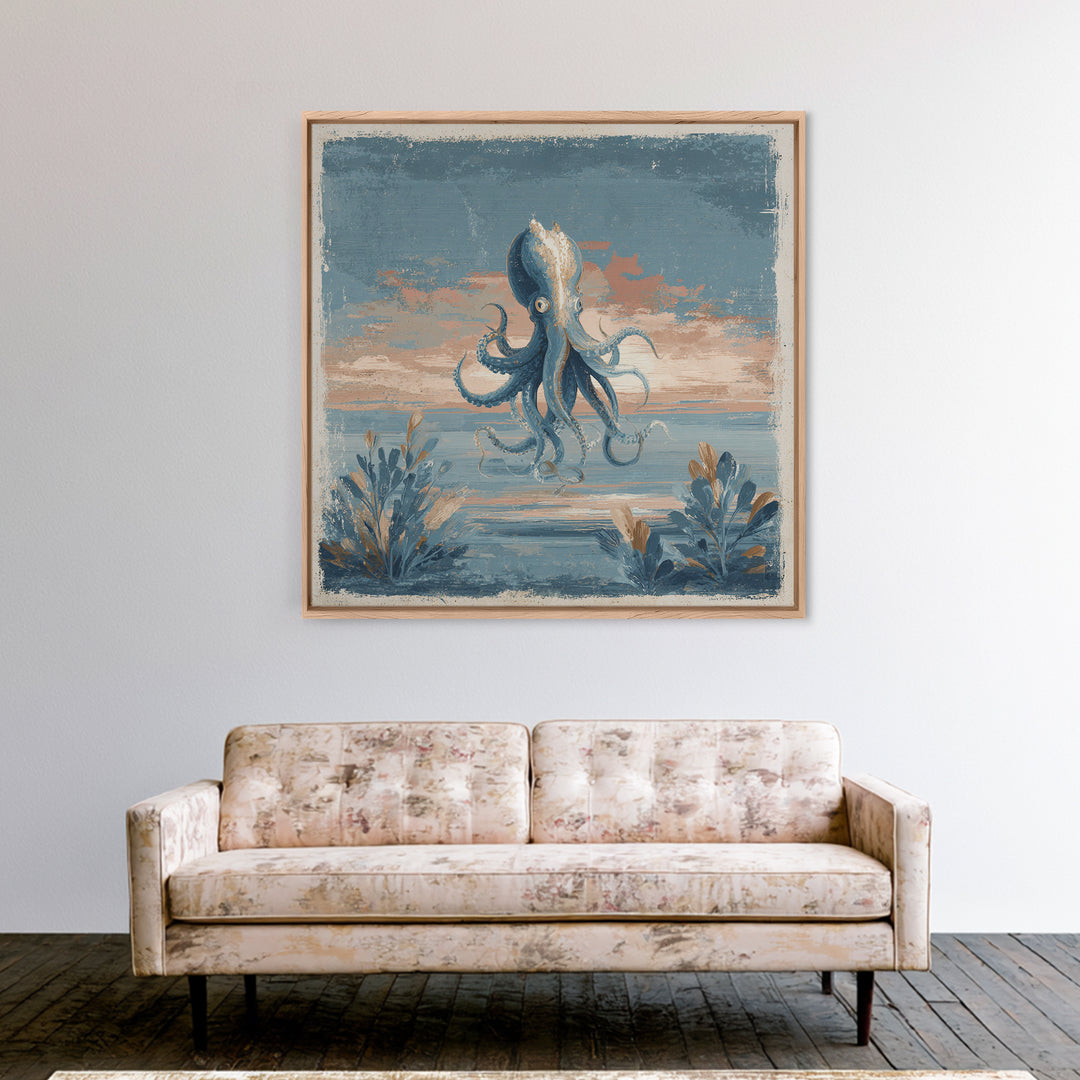 Squid in a Mysterious Midnight Sea Framed Canvas Print, Marine Life Art, Ocean Painting, Living Room Decor, Fine Art, Marine, MLA-1x1-67