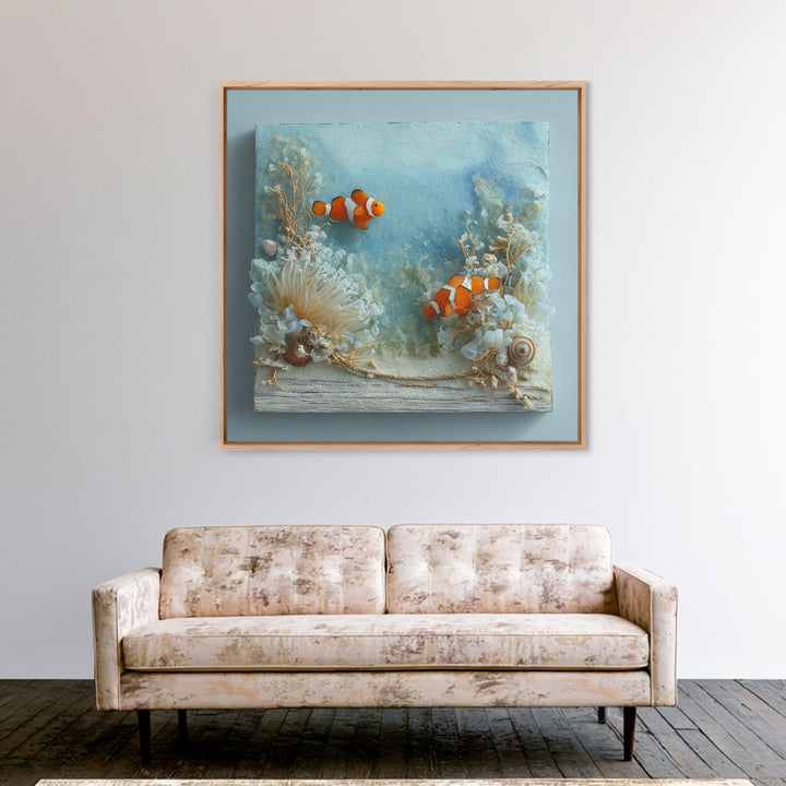 Clownfish Around Anemone Tentacles Framed Canvas Print, Marine Life Art, Nautical Art, Living Room Decor, Fine Art, Marine, MLA-1x1-68