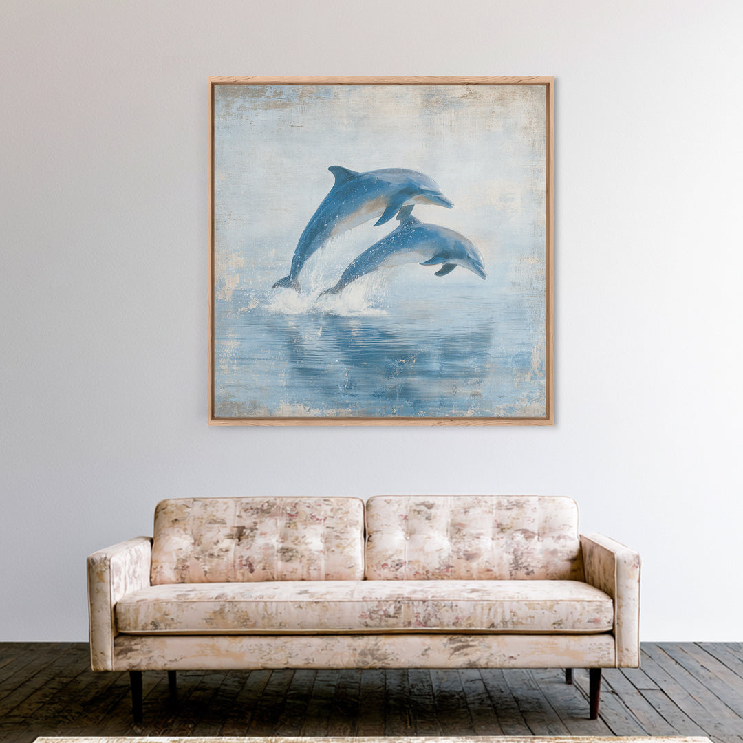 Dolphins Leaping Through Sunlit Waves Framed Canvas Print, Marine Life Art, Coastal Art, Living Room Decor, Fine Art, Marine, MLA-1x1-7