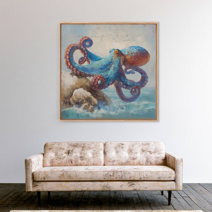 Octopus Curling Around Coral Canvas Print, Marine Life Art, Handmade Art, Living Room Decor, Fine Art, Marine, MLA-1x1-75