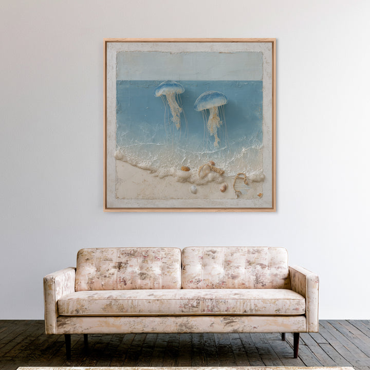 Jellyfish Floating in Luminous Dark Water Framed Canvas Print, Marine Life Art, Pastel Wall Art, Living Room Decor, Marine, MLA-1x1-78