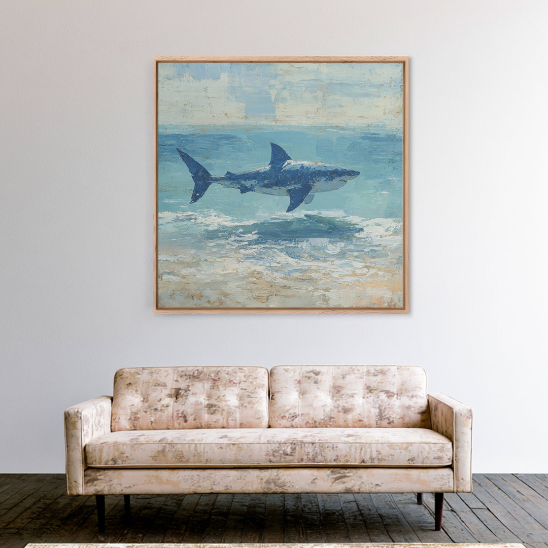 Shark Silhouette in Deep Blue Light Framed Canvas Print, Marine Life Art, Tropical Wall Art, Living Room Decor, Abstract Art, MLA-1x1-84