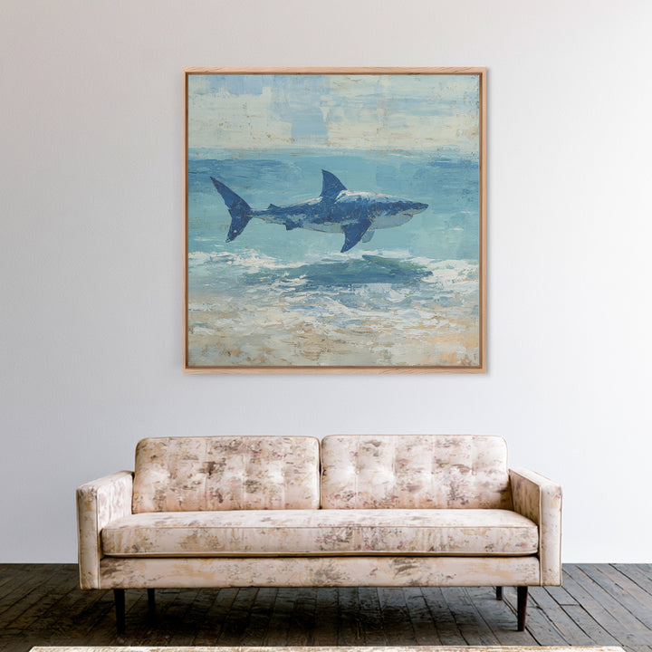 Shark Silhouette in Deep Blue Light Framed Canvas Print, Marine Life Art, Tropical Wall Art, Living Room Decor, Abstract Art, MLA-1x1-84