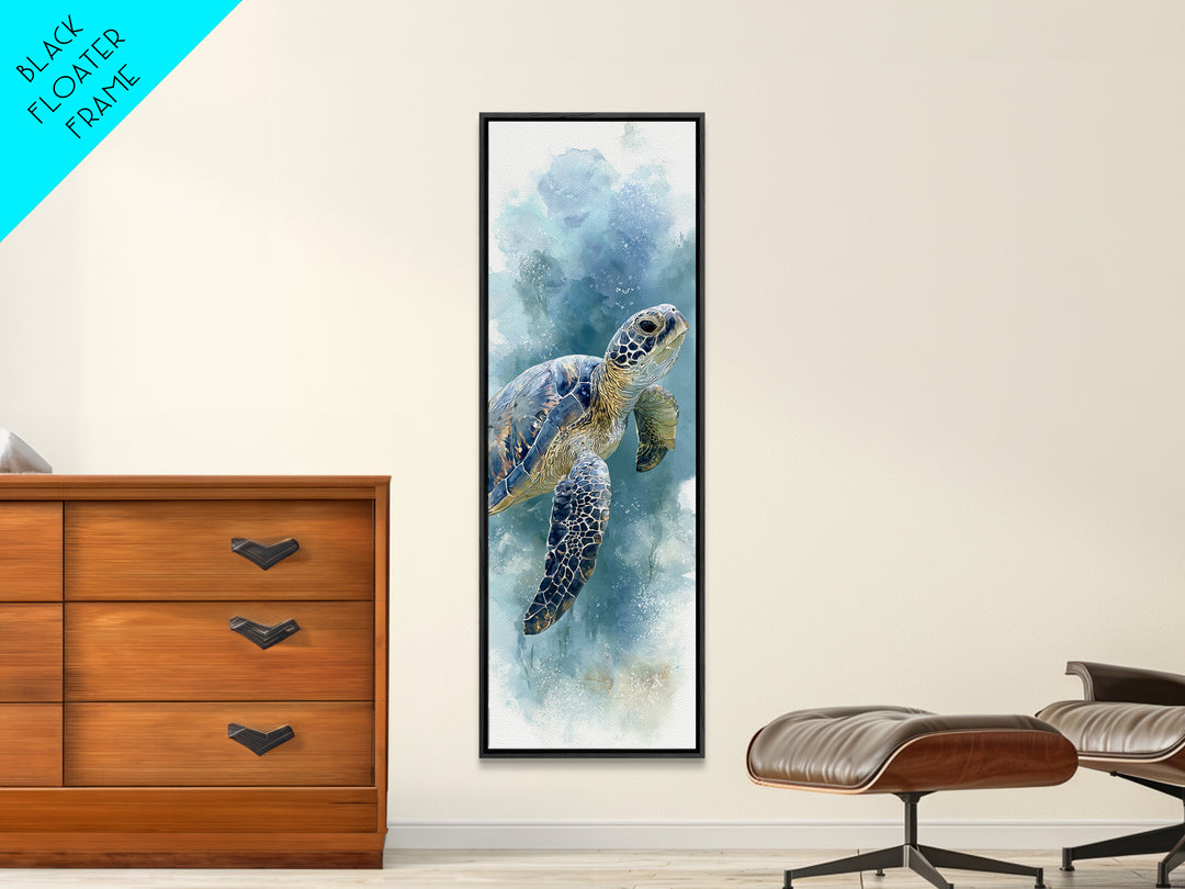 Sea Turtle Gliding Through Clear Blue Water Framed Canvas Print, Marine Life Art, Ocean Painting, Living Room Decor, Marine, MLA-1x3-61