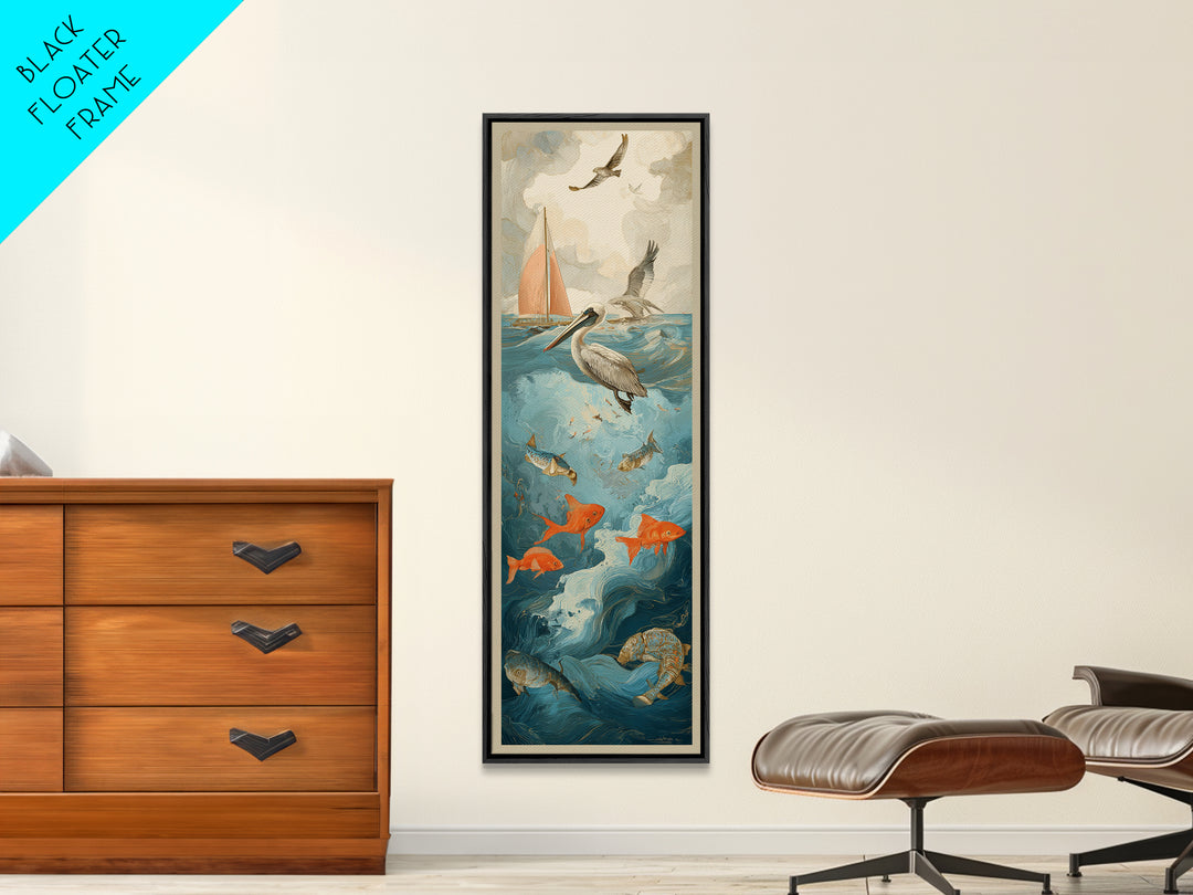 Pelican Diving Toward Fish Near Surface Framed Canvas Print, Marine Life Art, Textured Painting, Living Room Decor, Marine, MLA-1x3-83