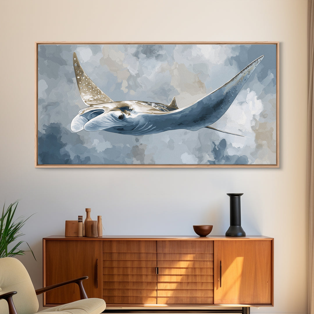 Manta Ray Flying Through Underwater Light Framed Canvas Print, Marine Life Art, Home Decor, Living Room Decor, Fine Art, Marine, MLA-2x1-10