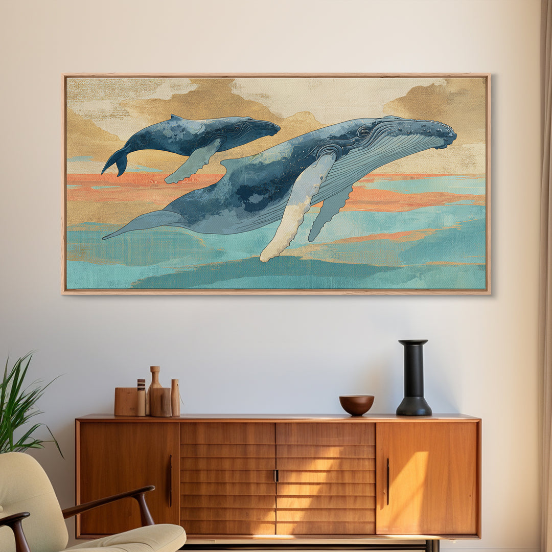 Humpback Whale and Calf Framed Canvas Print, Marine Life Art, Tropical Wall Art, Living Room Decor, Fine Art, Marine, MLA-2x1-14
