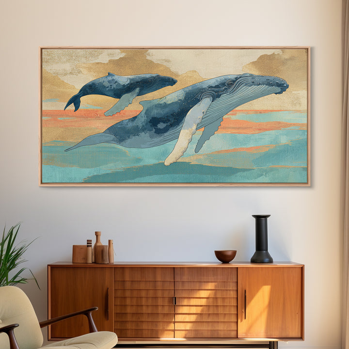 Humpback Whale and Calf Framed Canvas Print, Marine Life Art, Tropical Wall Art, Living Room Decor, Fine Art, Marine, MLA-2x1-14