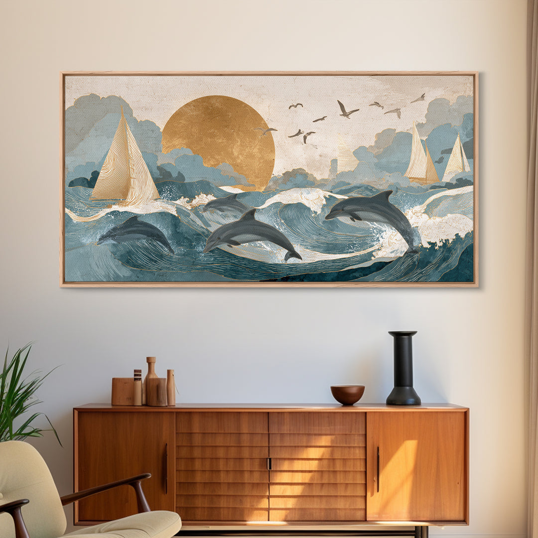 Dolphins Leaping Through Sunlit Waves Framed Canvas Print, Marine Life Art, Modern Art Print, Living Room Decor, Oil Painting, MLA-2x1-27