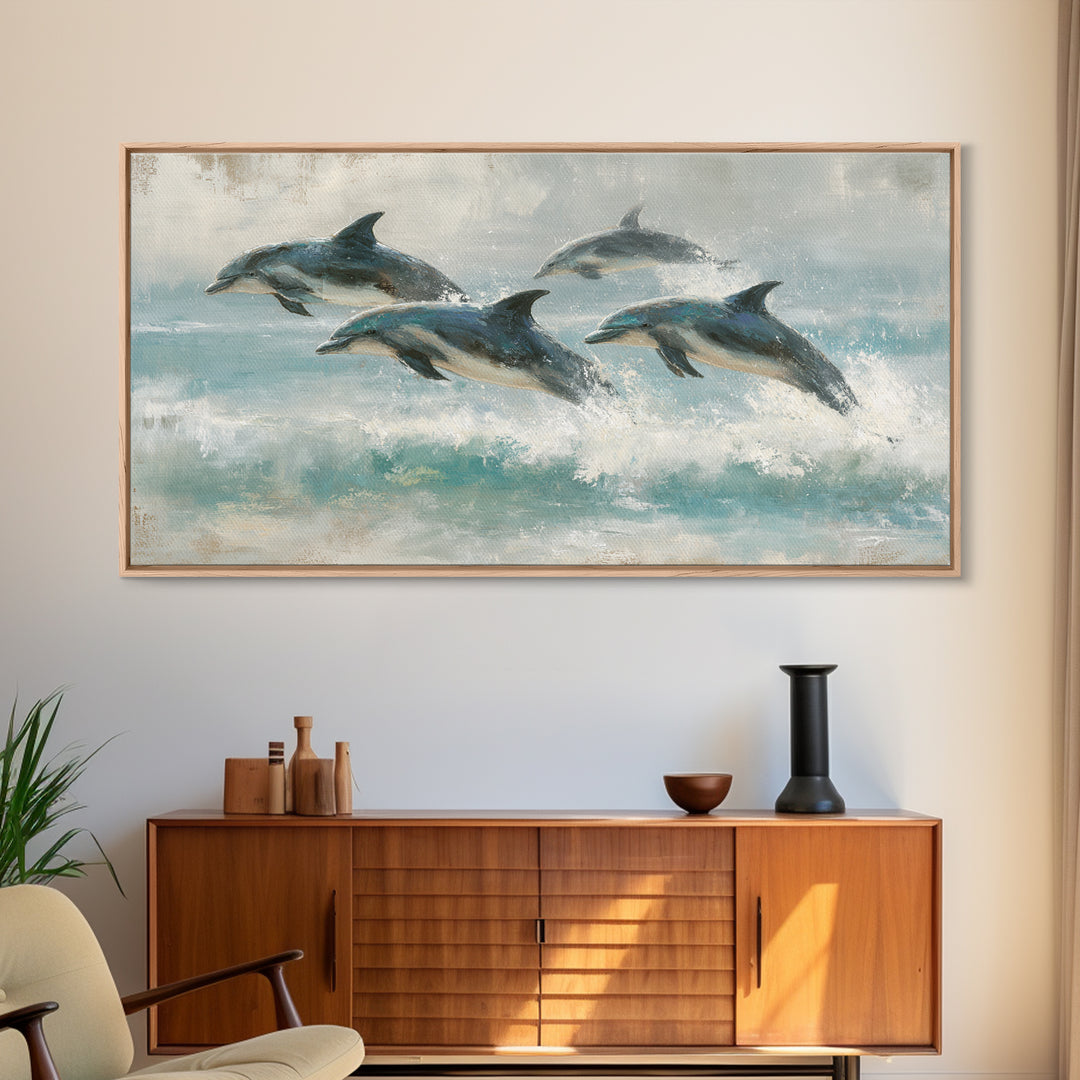 Dolphins Leaping Through Sunlit Waves Framed Canvas Print, Marine Life Art, Coastal Art, Living Room Decor, Fine Art, Marine, MLA-2x1-3