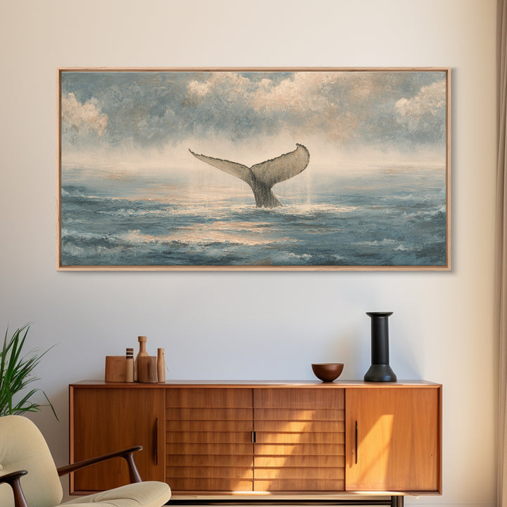 Whale Tail Rising from Misty Ocean Framed Canvas Print, Marine Life Art, Neutral Decor, Living Room Decor, Fine Art, Marine, MLA-2x1-46