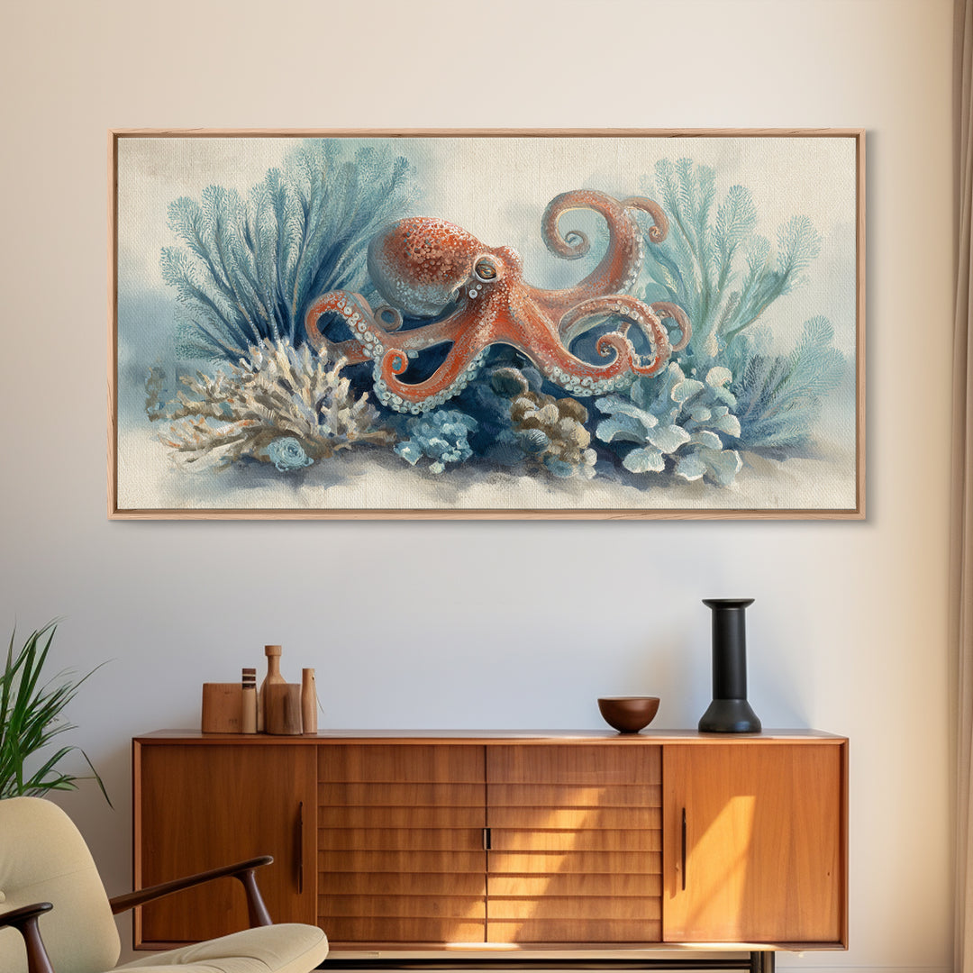 Octopus Curling Around Coral Canvas Print, Marine Life Art, Beach Decor, Living Room Decor, Oil Painting, Marine, Ocean Decor, MLA-2x1-47