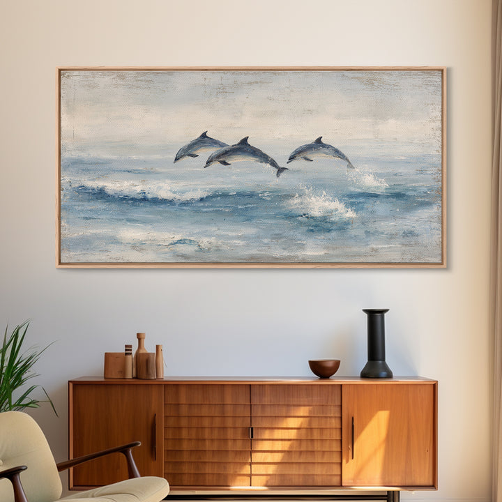 Dolphins Leaping Through Sunlit Waves Framed Canvas Print, Marine Life Art, Coastal Art, Living Room Decor, Watercolor Art, MLA-2x1-51