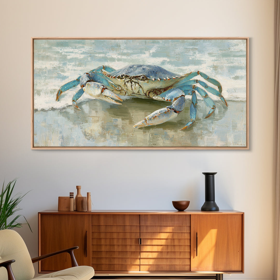 Blue Crab with Painterly Shell Texture Framed Canvas Print, Marine Life Art, Modern Art Print, Living Room Decor, Marine, MLA-2x1-6