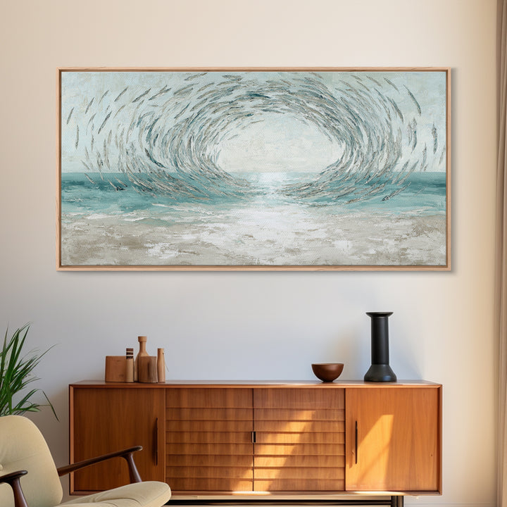 School of Fish Forming a Silver Spiral Framed Canvas Print, Marine Life Art, Coastal Art, Living Room Decor, Fine Art, Marine, MLA-2x1-72