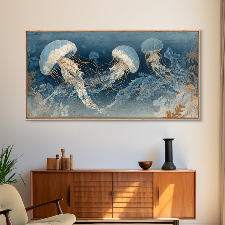 Jellyfish Floating in Luminous Dark Water Canvas Print, Marine Life Art, Art Print, Living Room Decor, Watercolor Art, Marine, MLA-2x1-74