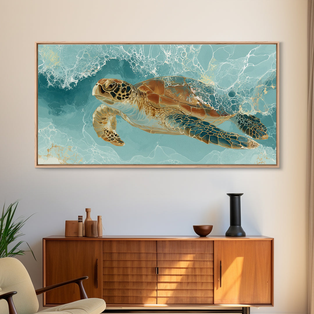 Sea Turtle Gliding Through Clear Blue Water Canvas Print, Marine Life Art, Minimalist Decor, Living Room Decor, Marine, MLA-2x1-93