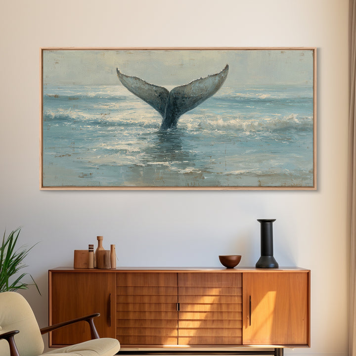Whale Tail Rising from Misty Ocean Canvas Print, Marine Life Art, Luxury Decor, Living Room Decor, Oil Painting, Marine, MLA-2x1-94