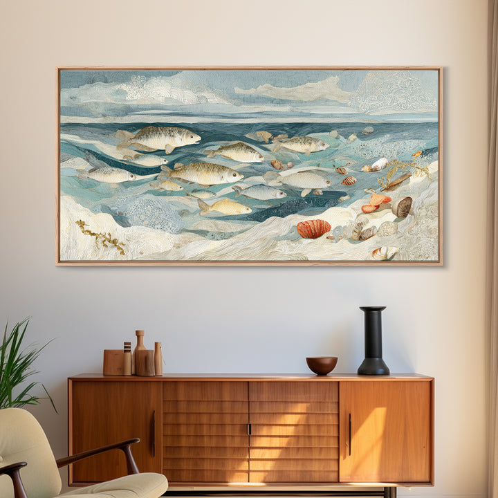 School of Fish Forming a Silver Spiral Framed Canvas Print, Marine Life Art, Ocean Decor, Living Room Decor, Oil Painting, MLA-2x1-96
