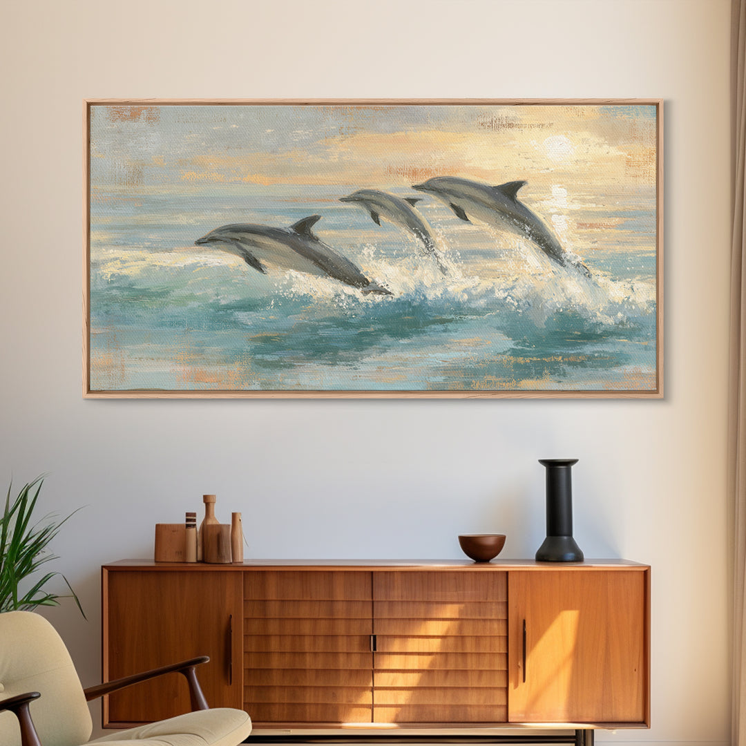 Dolphins Leaping Through Sunlit Waves Framed Canvas Print, Marine Life Art, Coastal Art, Living Room Decor, Fine Art, Marine, MLA-2x1-99