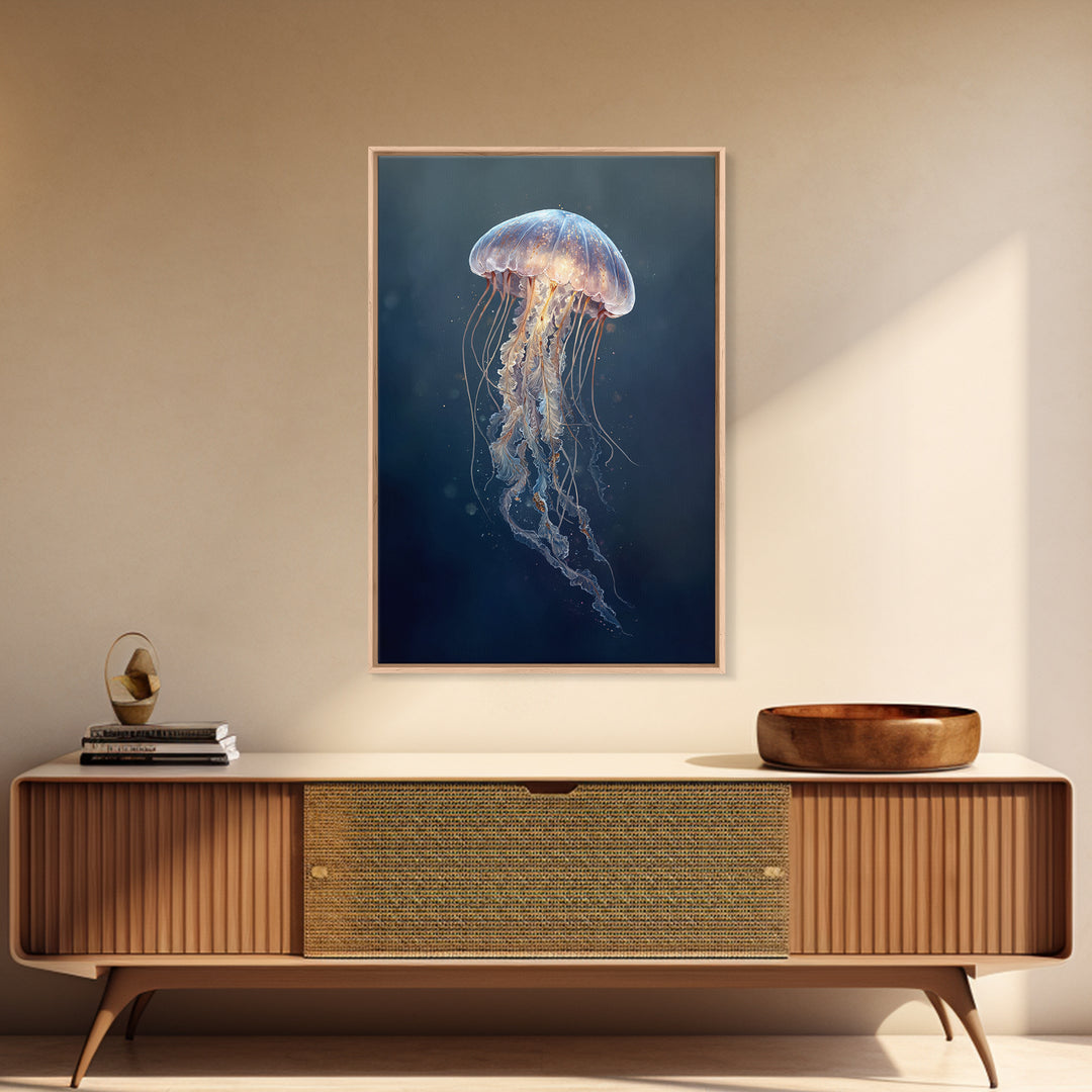 Jellyfish Floating in Luminous Dark Water Canvas Print, Marine Life Art, Handmade Art, Living Room Decor, Oil Painting, Marine, MLA-2x3-14