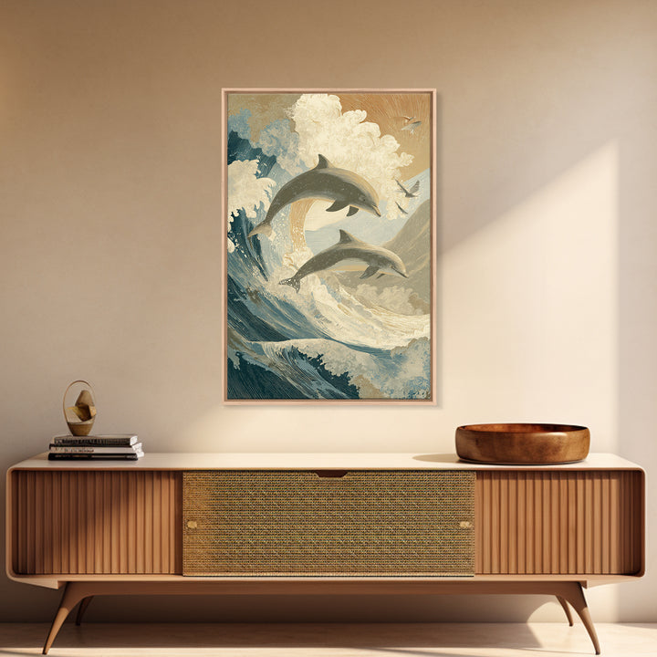Dolphins Leaping Through Sunlit Waves Canvas Print, Marine Life Art, Surf Poster, Living Room Decor, Fine Art, Marine, MLA-2x3-15