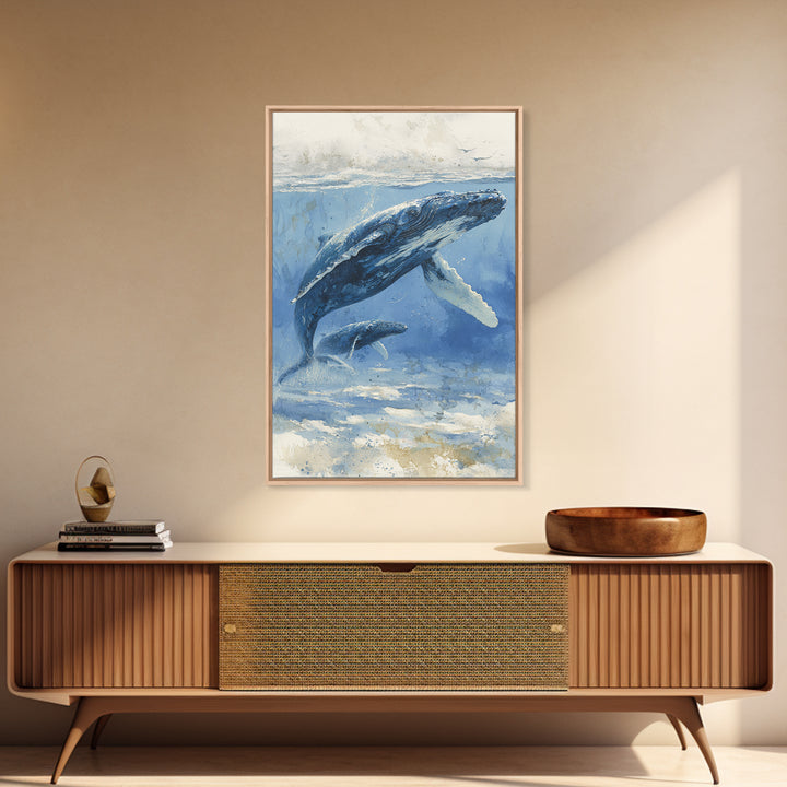 Humpback Whale and Calf Framed Canvas Print, Marine Life Art, Tropical Wall Art, Living Room Decor, Fine Art, Marine, MLA-2x3-26