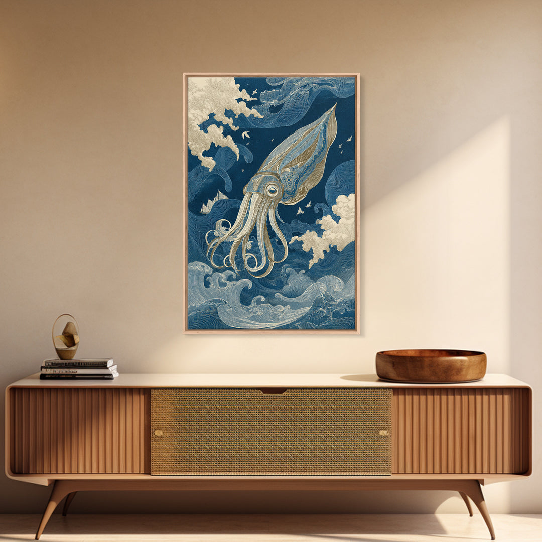 Squid in a Mysterious Midnight Sea Canvas Print, Marine Life Art, Ocean Wall Art, Living Room Decor, Watercolor Art, Marine, MLA-2x3-27