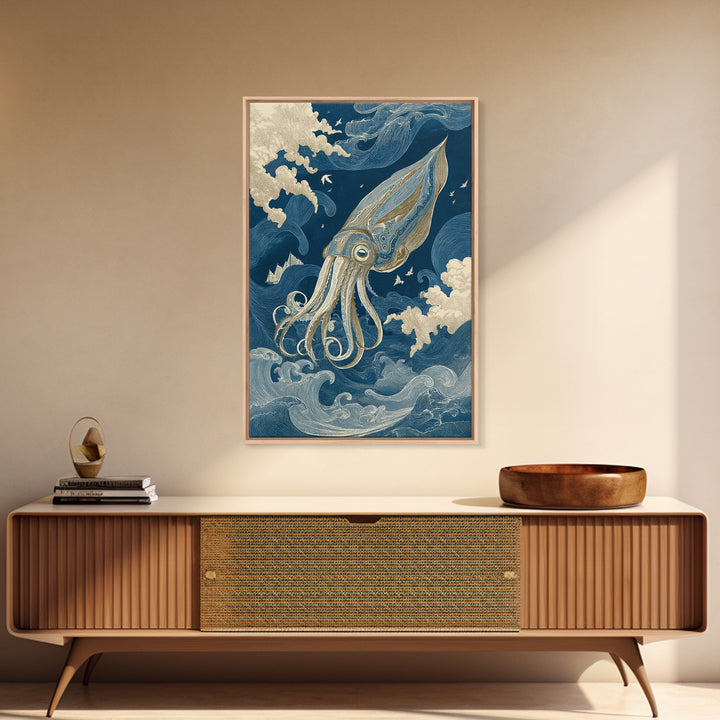 Squid in a Mysterious Midnight Sea Canvas Print, Marine Life Art, Ocean Wall Art, Living Room Decor, Watercolor Art, Marine, MLA-2x3-27