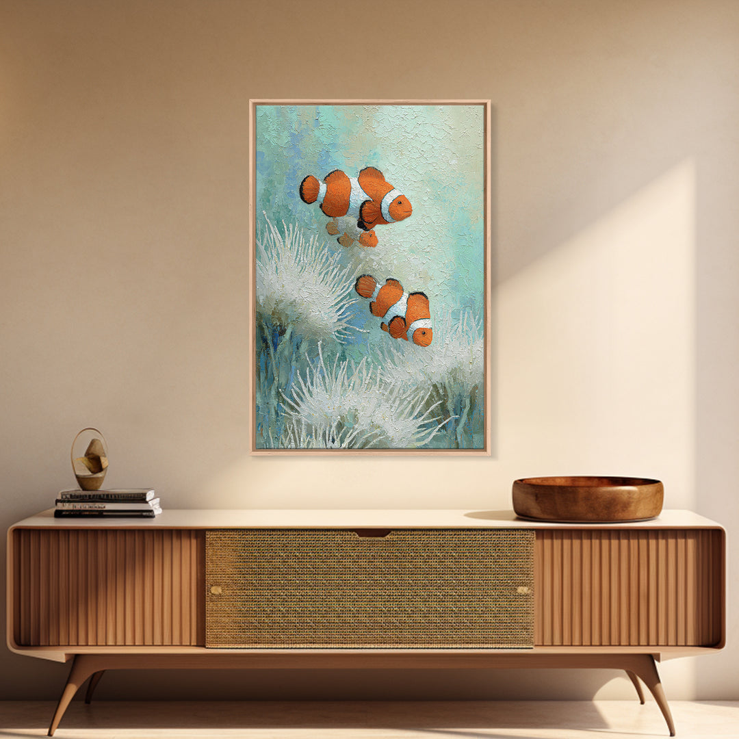 Clownfish Around Anemone Tentacles Framed Canvas Print, Marine Life Art, Textured Painting, Living Room Decor, Fine Art, Marine, MLA-2x3-28