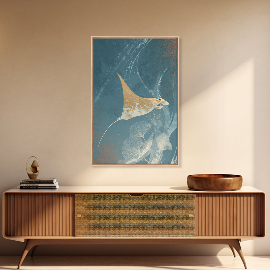 Manta Ray Flying Through Underwater Light Framed Canvas Print, Marine Life Art, Home Decor, Living Room Decor, Fine Art, Marine, MLA-2x3-46