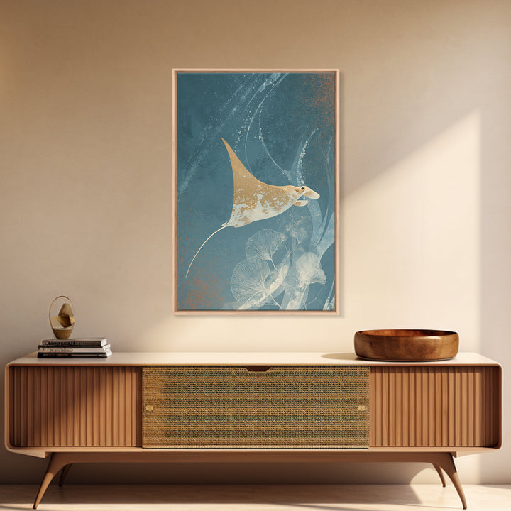 Manta Ray Flying Through Underwater Light Framed Canvas Print, Marine Life Art, Home Decor, Living Room Decor, Fine Art, Marine, MLA-2x3-46