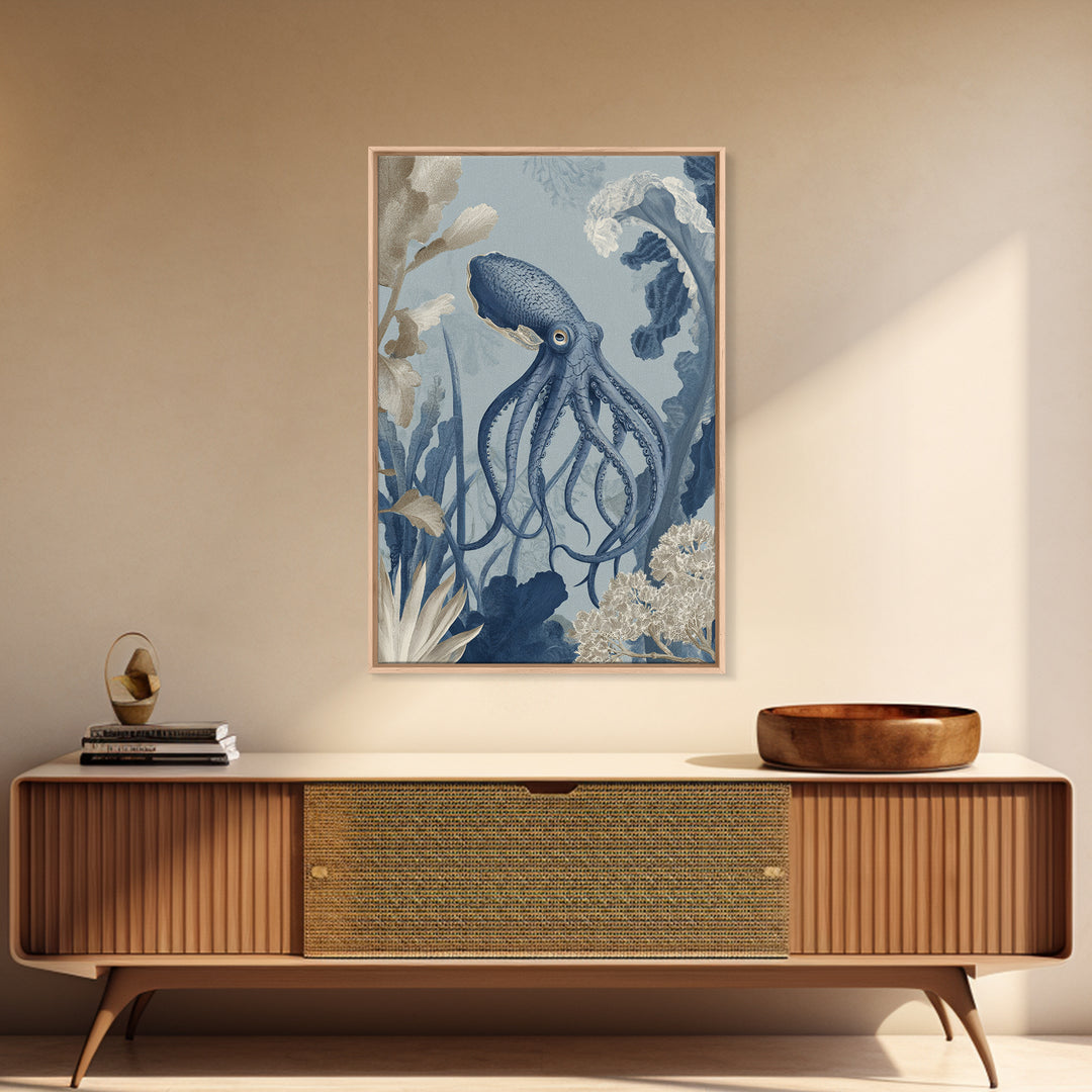 Squid in a Mysterious Midnight Sea Framed Canvas Print, Marine Life Art, Ocean Decor, Living Room Decor, Oil Painting, Marine, MLA-2x3-51