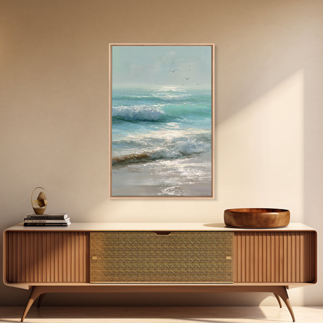 Dolphins Leaping Through Sunlit Waves Framed Canvas Print, Marine Life Art, Ocean Painting, Living Room Decor, Watercolor Art, MLA-2x3-63