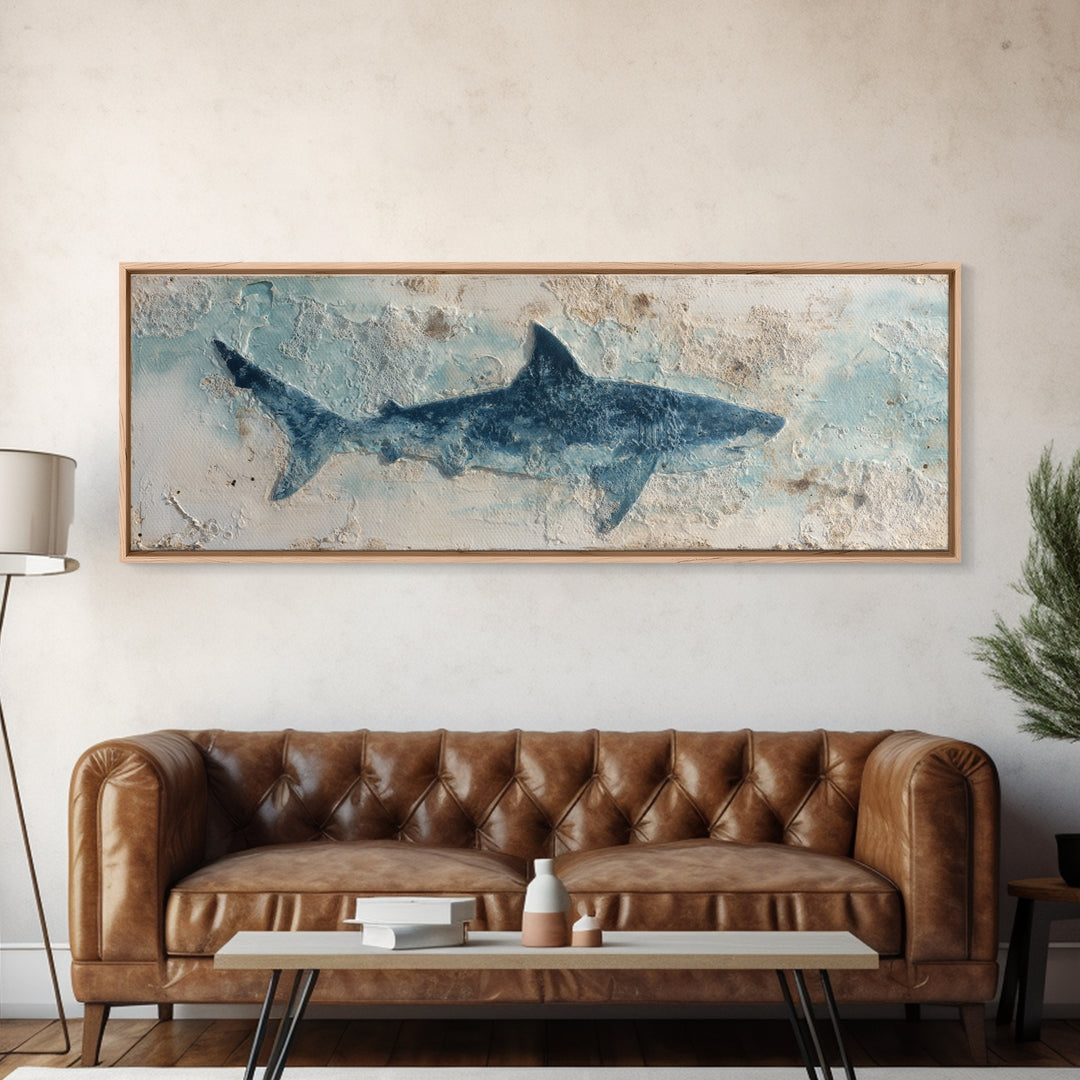 Shark Silhouette in Deep Blue Light Canvas Print, Marine Life Art, Fish Art, Living Room Decor, Abstract Art, Marine, MLA-3x1-100