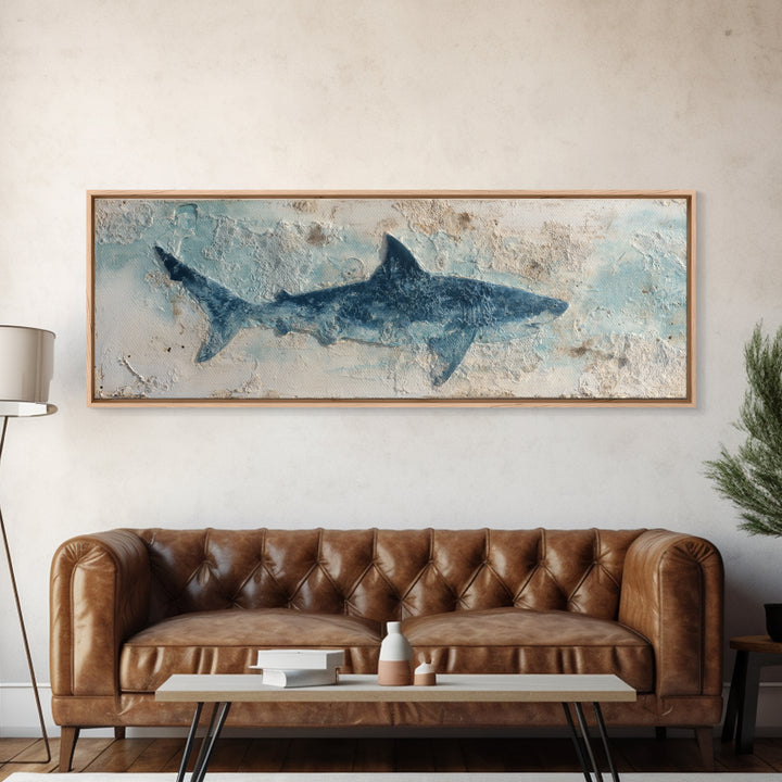 Shark Silhouette in Deep Blue Light Canvas Print, Marine Life Art, Fish Art, Living Room Decor, Abstract Art, Marine, MLA-3x1-100