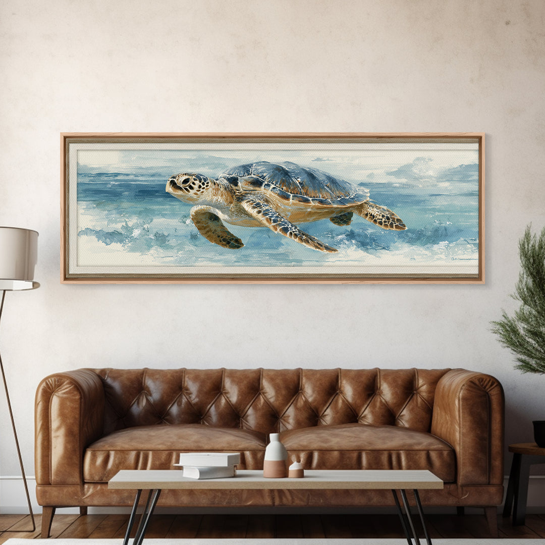 Sea Turtle Gliding Through Clear Blue Water Framed Canvas Print, Marine Life Art, Watercolor Art, Living Room Decor, Marine, MLA-3x1-17