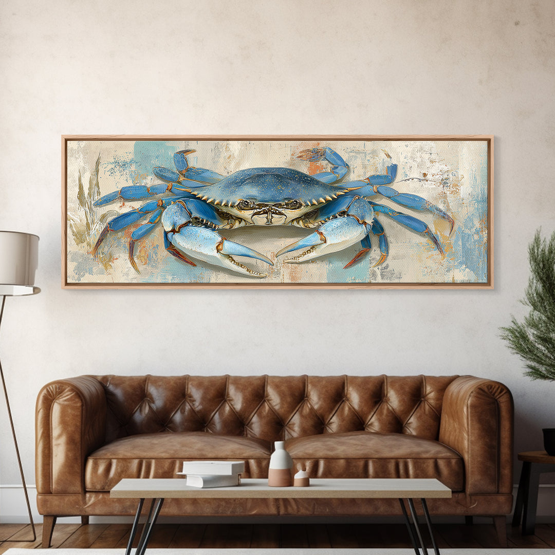 Blue Crab with Painterly Shell Texture Framed Canvas Print, Marine Life Art, Room Decor, Living Room Decor, Fine Art, Marine, MLA-3x1-2
