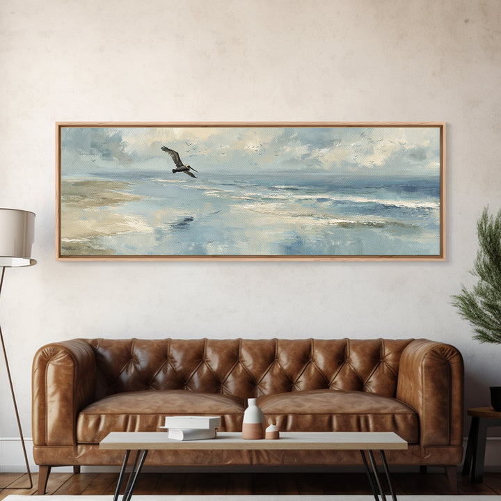 Pelican Diving Toward Fish Near Surface Framed Canvas Print, Marine Life Art, Neutral Decor, Living Room Decor, Marine, MLA-3x1-63