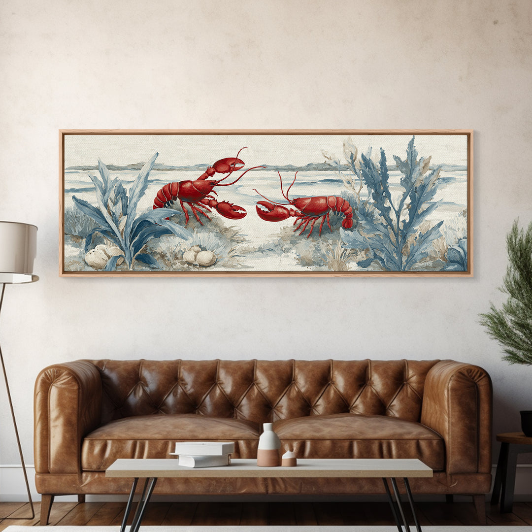 Lobster in Bold Coastal Red Palette Framed Canvas Print, Marine Life Art, Tropical Wall Art, Living Room Decor, Marine, MLA-3x1-7