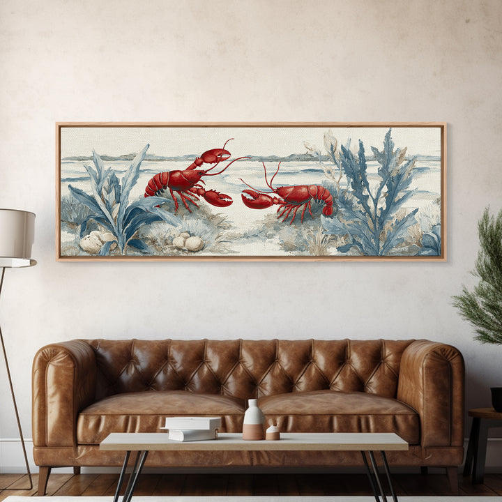 Lobster in Bold Coastal Red Palette Framed Canvas Print, Marine Life Art, Tropical Wall Art, Living Room Decor, Marine, MLA-3x1-7