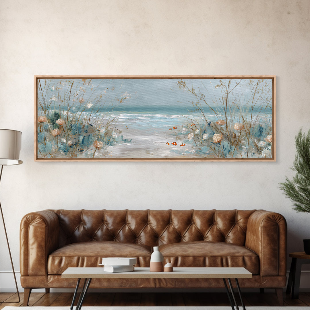 Clownfish Around Anemone Tentacles Framed Canvas Print, Marine Life Art, Contemporary Art, Living Room Decor, Fine Art, Marine, MLA-3x1-84