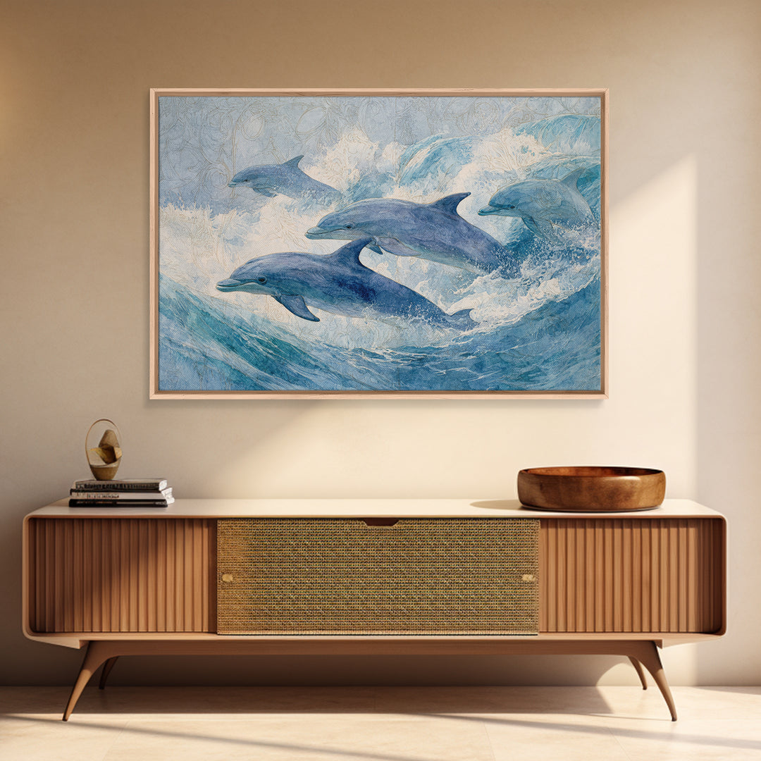 Dolphins Leaping Through Sunlit Waves Canvas Print, Marine Life Art, Minimalist Decor, Living Room Decor, Fine Art, Marine, MLA-3x2-11