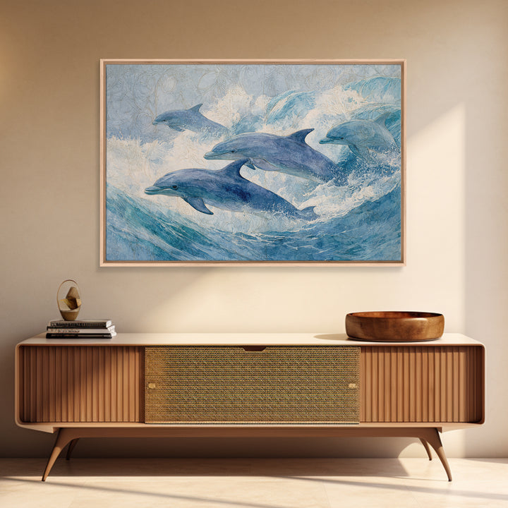 Dolphins Leaping Through Sunlit Waves Canvas Print, Marine Life Art, Minimalist Decor, Living Room Decor, Fine Art, Marine, MLA-3x2-11