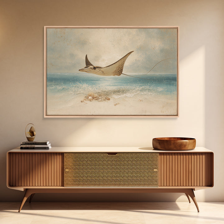 Manta Ray Flying Through Underwater Light Framed Canvas Print, Marine Life Art, Textured Painting, Living Room Decor, Marine, MLA-3x2-18