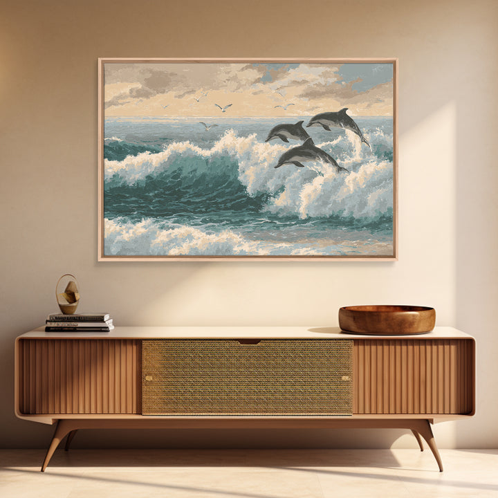 Dolphins Leaping Through Sunlit Waves Framed Canvas Print, Marine Life Art, Original Artwork, Living Room Decor, Oil Painting, MLA-3x2-59