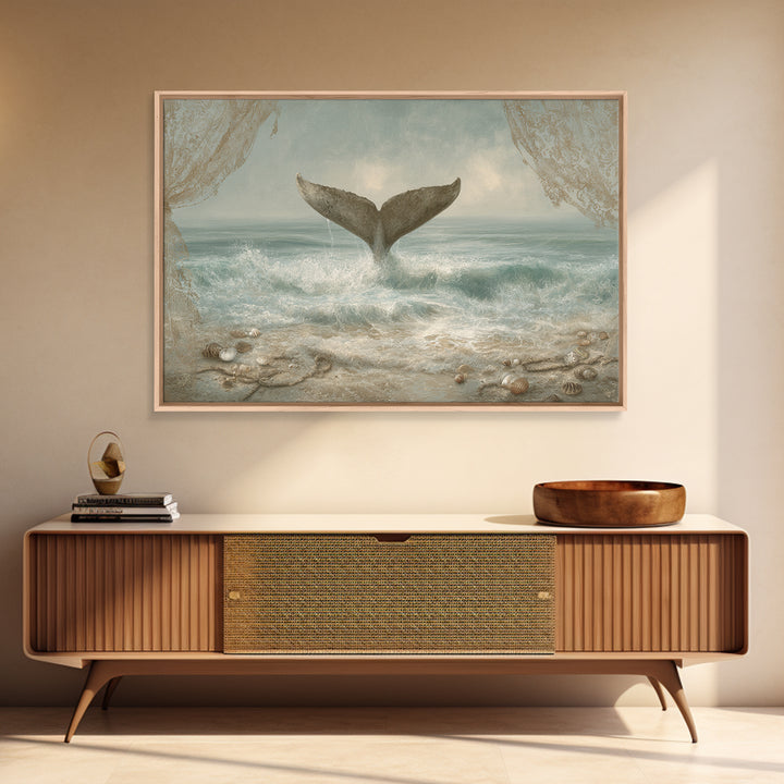 Whale Tail Rising from Misty Ocean Framed Canvas Print, Marine Life Art, Contemporary Art, Living Room Decor, Fine Art, Marine, MLA-3x2-6