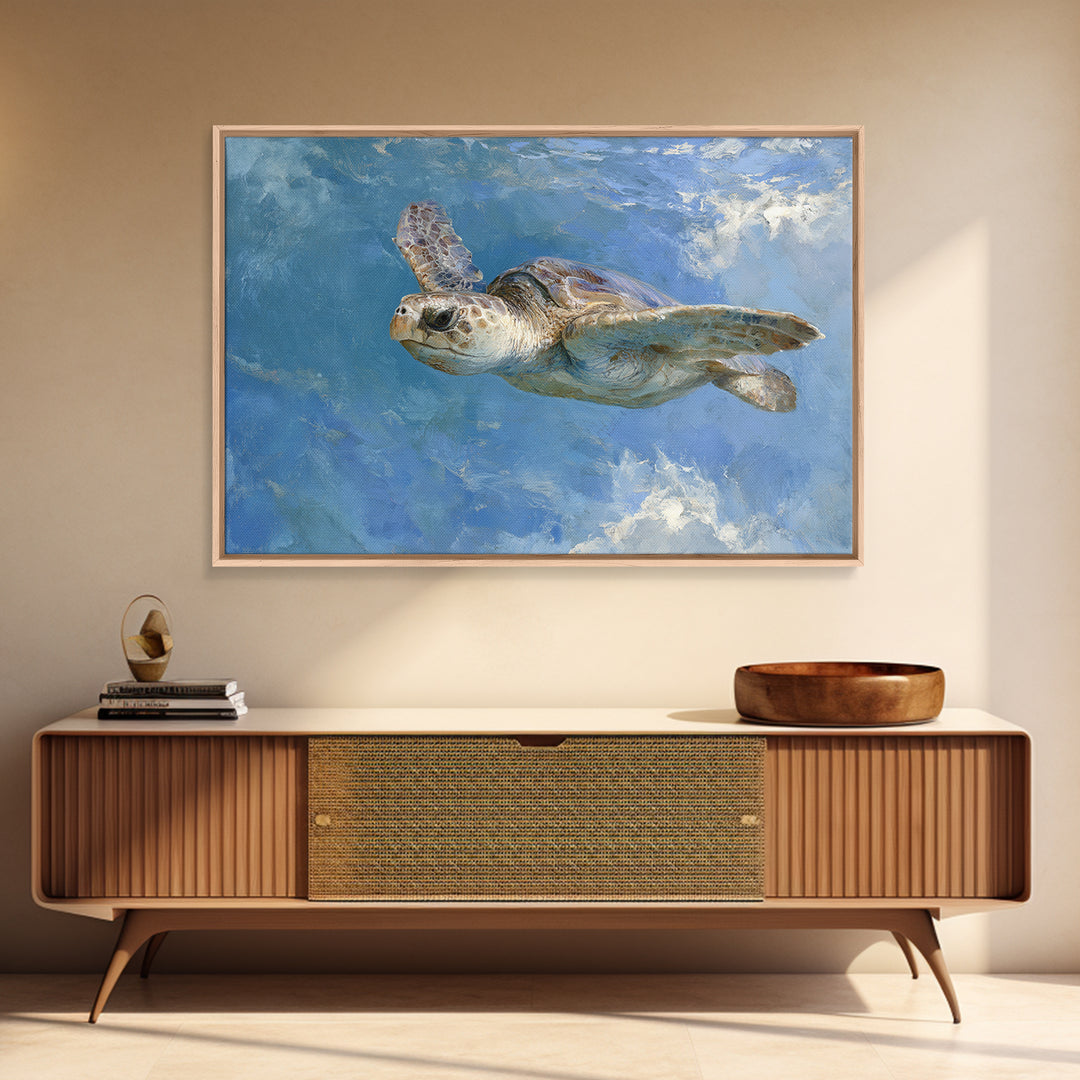Sea Turtle Gliding Through Clear Blue Water Framed Canvas Print, Marine Life Art, Original Artwork, Living Room Decor, Marine, MLA-3x2-77